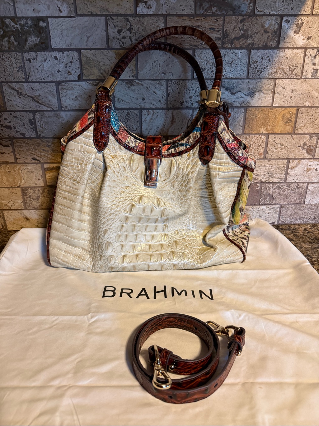 Brahmin Croc Embossed Leather Large Satchel Tote Cream Ivory W/ Multi Color Side
